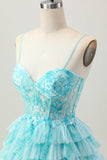 Blue Green Printed Tiered A Line Homecoming Dress with Appliques