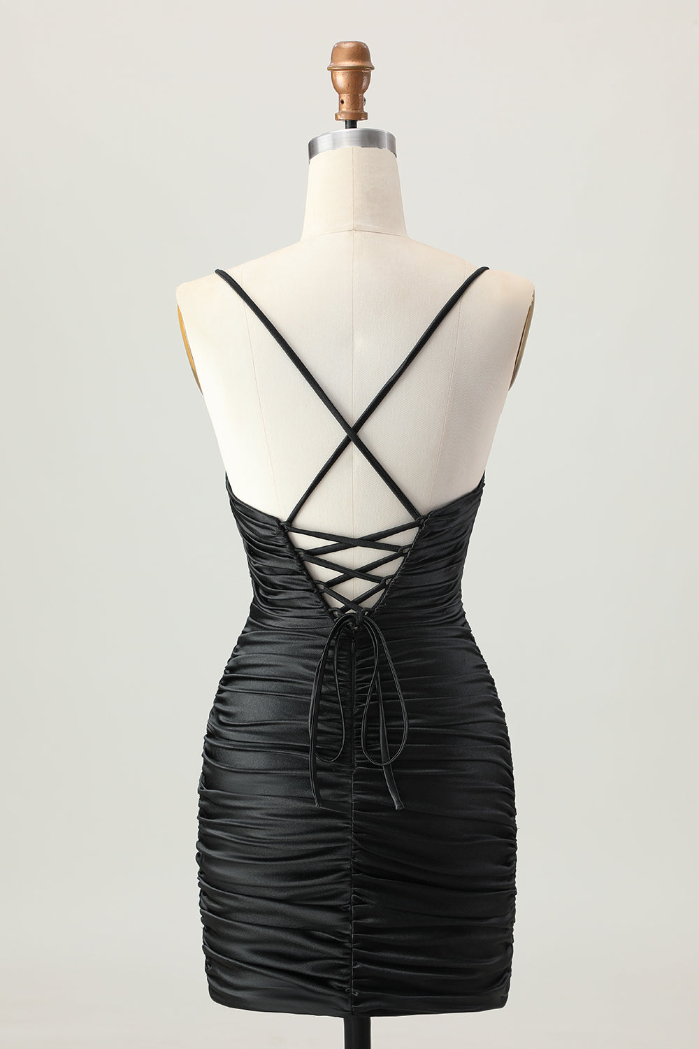 Cut Out Spaghetti Straps Ruched Tight Black Homecoming Dress