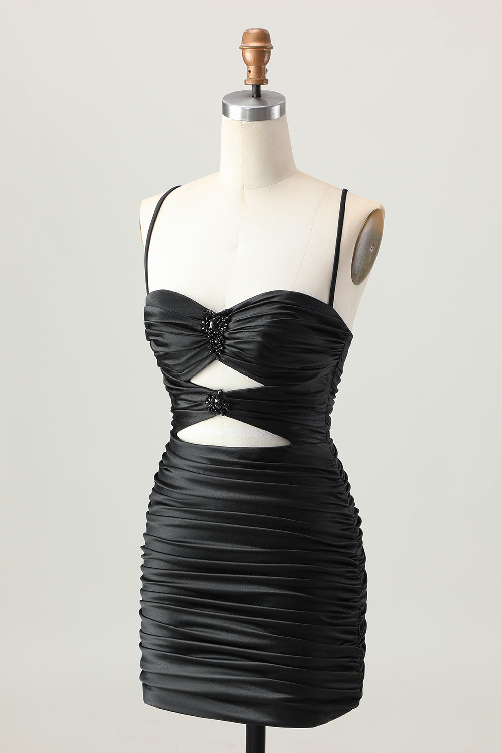 Cut Out Spaghetti Straps Ruched Tight Black Homecoming Dress