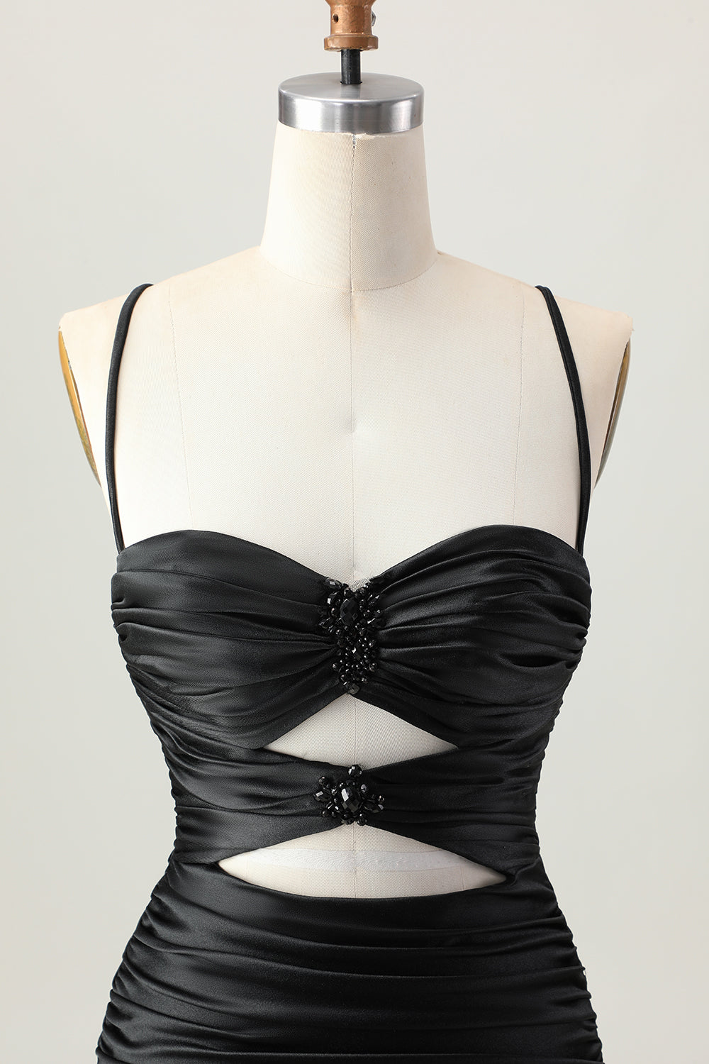 Cut Out Spaghetti Straps Ruched Tight Black Homecoming Dress