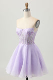Strapless A Line Lilac Corset Homecoming Dress with Appliques