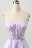 Strapless A Line Lilac Corset Homecoming Dress with Appliques