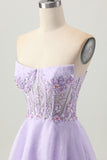 Strapless A Line Lilac Corset Homecoming Dress with Appliques