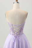 Strapless A Line Lilac Corset Homecoming Dress with Appliques