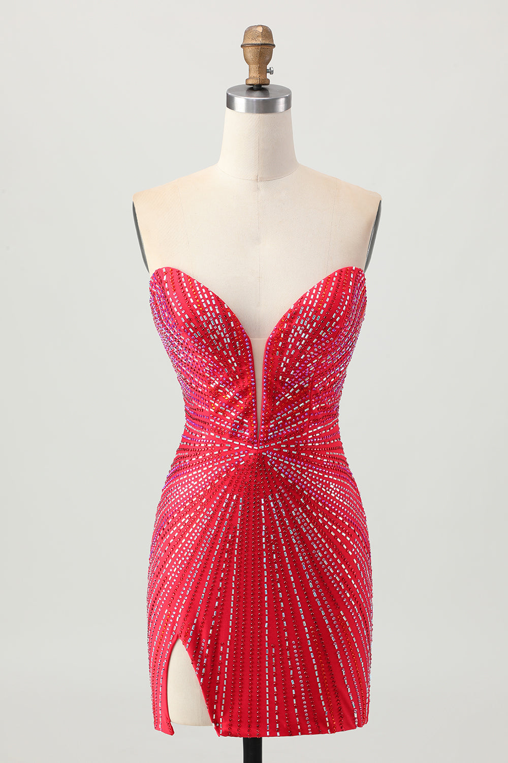 Tight Strapless Beaded Red Homecoming Dress With Slit
