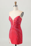 Tight Strapless Beaded Red Homecoming Dress With Slit