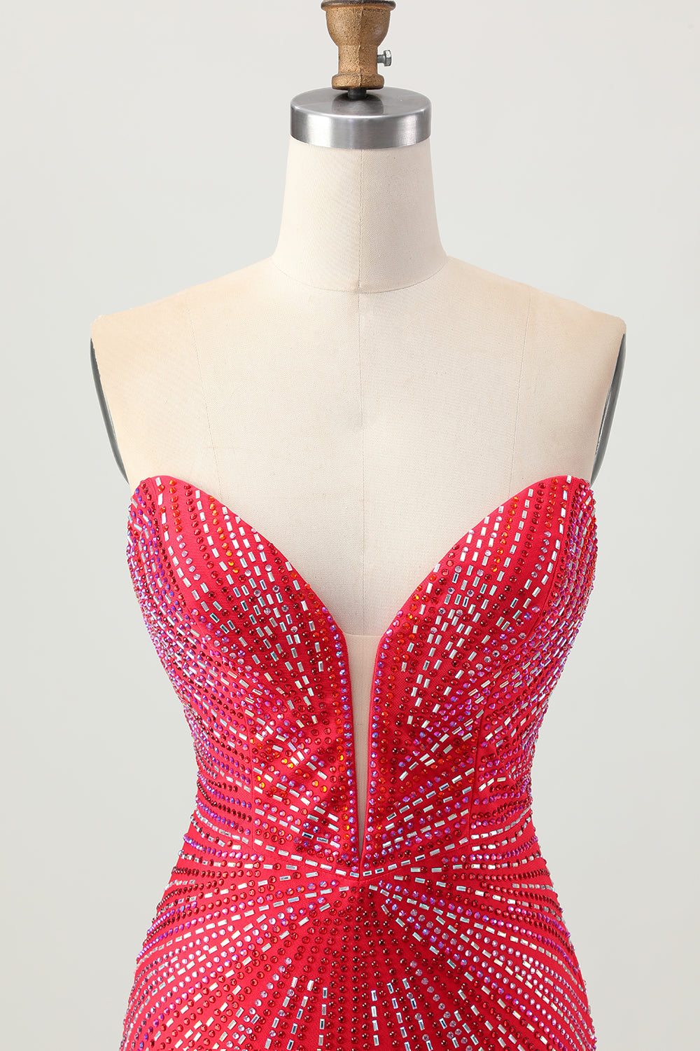 Tight Strapless Beaded Red Homecoming Dress With Slit