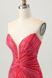 Tight Strapless Beaded Red Homecoming Dress With Slit