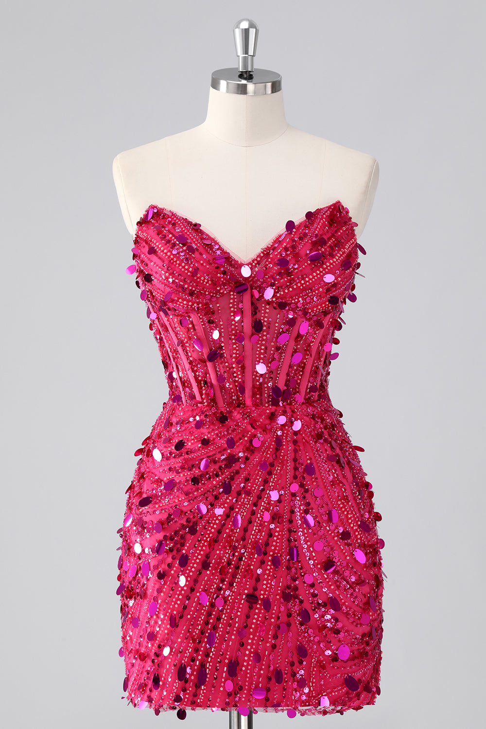 Fuchsia Corset Strapless Beaded Homecoming Dress with Sequins