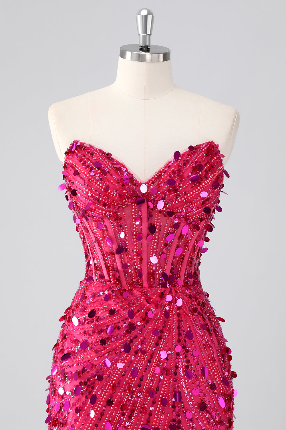 Fuchsia Corset Strapless Beaded Homecoming Dress with Sequins