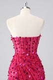 Fuchsia Corset Strapless Beaded Homecoming Dress with Sequins