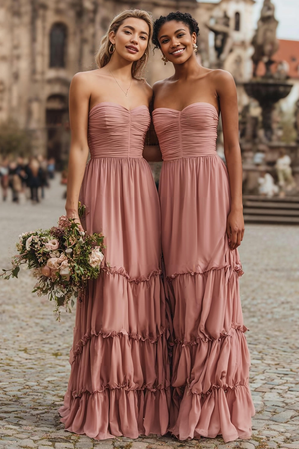 Watermelon A-Line Tiered Strapless Bridesmaid Dress