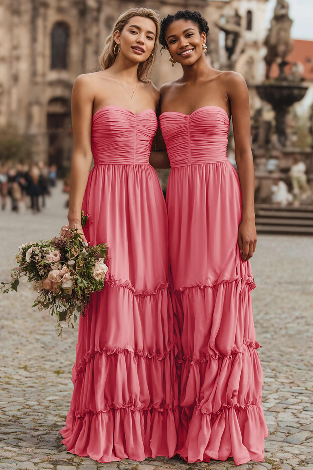 Watermelon A-Line Tiered Strapless Bridesmaid Dress