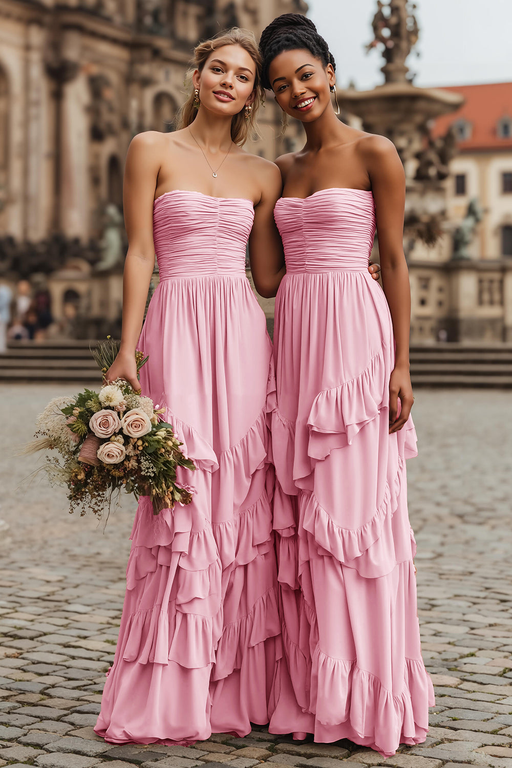 Blush A-Line Ruched Strapless Bridesmaid Dress With Ruffles