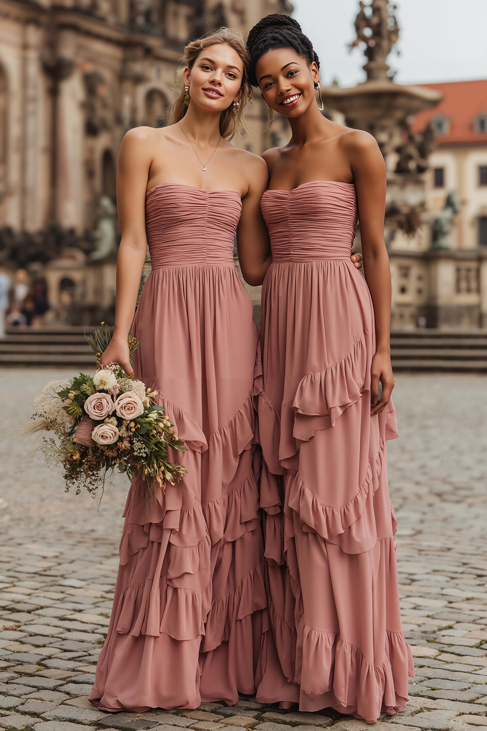 Blush A-Line Ruched Strapless Bridesmaid Dress With Ruffles