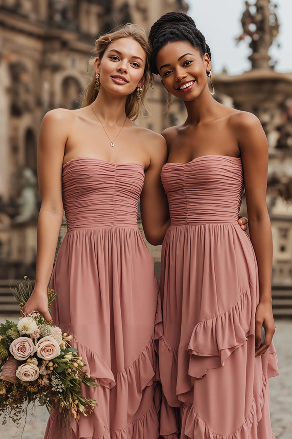 Blush A-Line Ruched Strapless Bridesmaid Dress With Ruffles