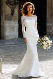 White Long Sleeve Bateau Neck Mermaid Wedding Dress with Lace