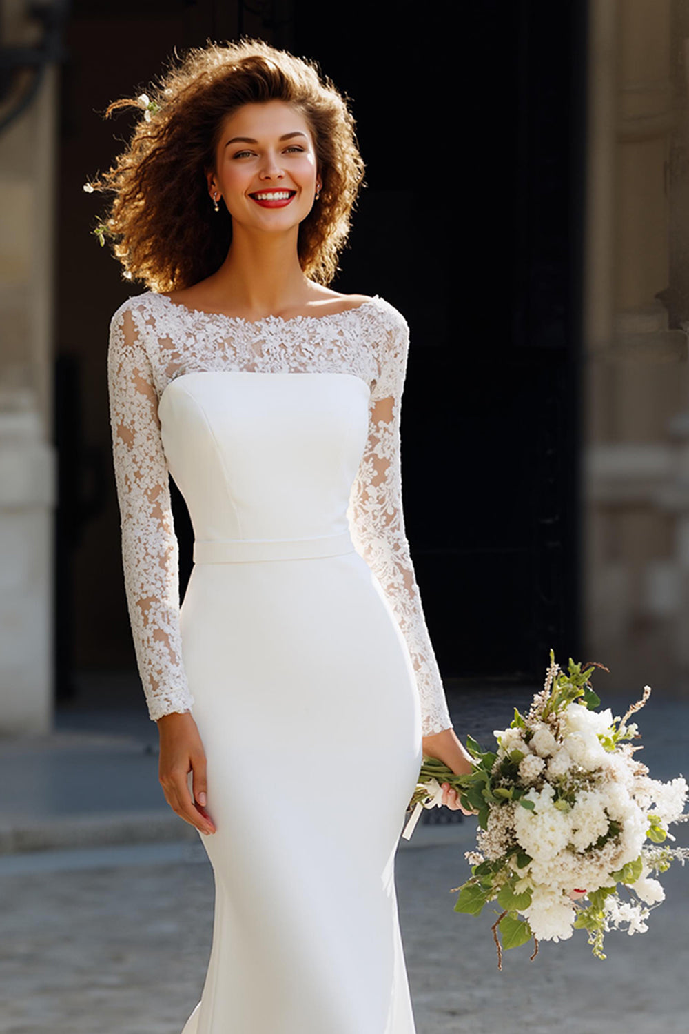 White Long Sleeve Bateau Neck Mermaid Wedding Dress with Lace