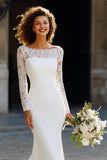 White Long Sleeve Bateau Neck Mermaid Wedding Dress with Lace