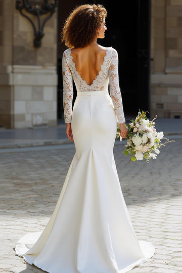 White Long Sleeve Bateau Neck Mermaid Wedding Dress with Lace