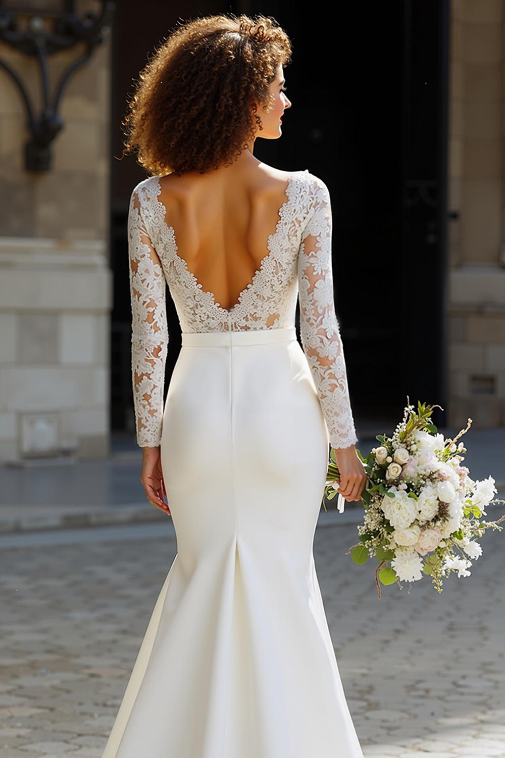 White Long Sleeve Bateau Neck Mermaid Wedding Dress with Lace