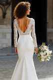 White Long Sleeve Bateau Neck Mermaid Wedding Dress with Lace