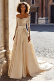 Champagne Off The Shoulder A-Line Long Sleeve Wedding Dress WIth Lace