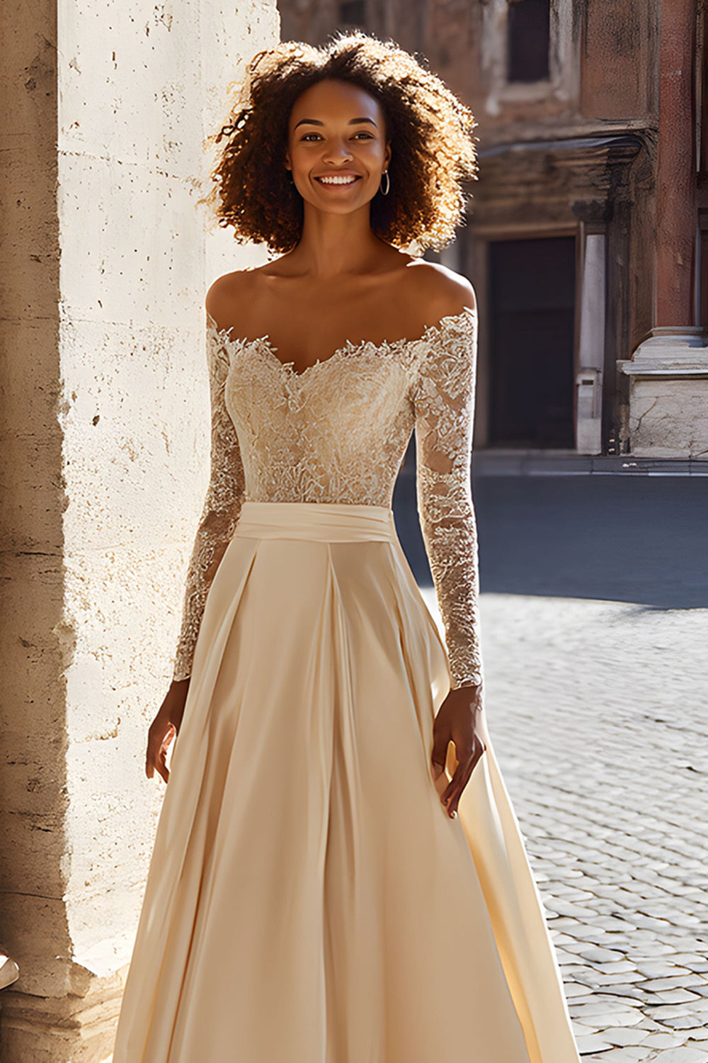 Champagne Off The Shoulder A-Line Long Sleeve Wedding Dress WIth Lace