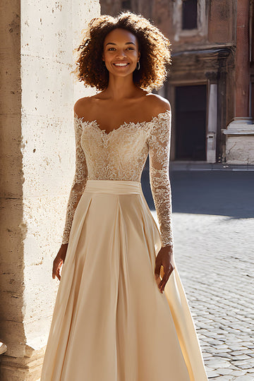 Champagne Off The Shoulder A-Line Long Sleeve Wedding Dress WIth Lace