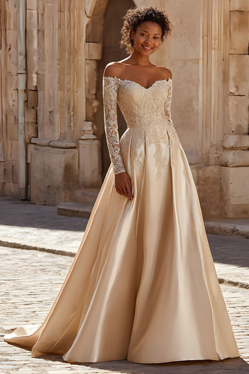 Off The Shoulder Sweep Train A-Line Champagne Wedding Dress with Lace