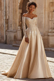Off The Shoulder Sweep Train A-Line Champagne Wedding Dress with Lace