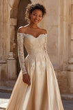 Off The Shoulder Sweep Train A-Line Champagne Wedding Dress with Lace