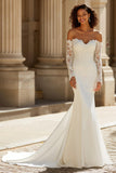Ivory Off The Shoulder Court Train Mermaid Wedding Dress With Lace