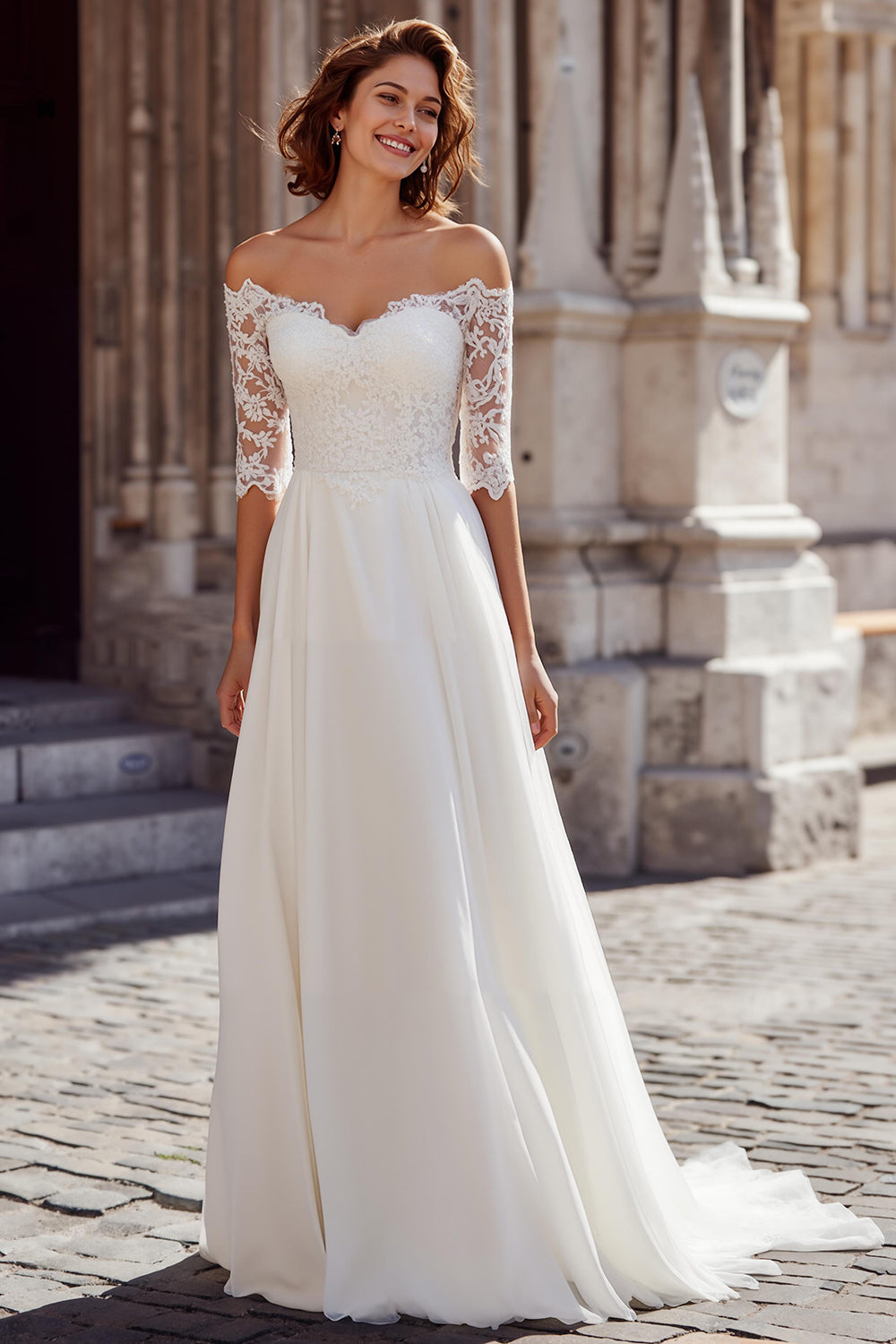 White A-Line Off The Shoulder Sweep Train Wedding Dress