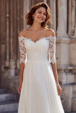 White A-Line Off The Shoulder Sweep Train Wedding Dress