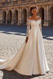 Satin Ivory A-Line Off The Shoulder Wedding Dress With Lace