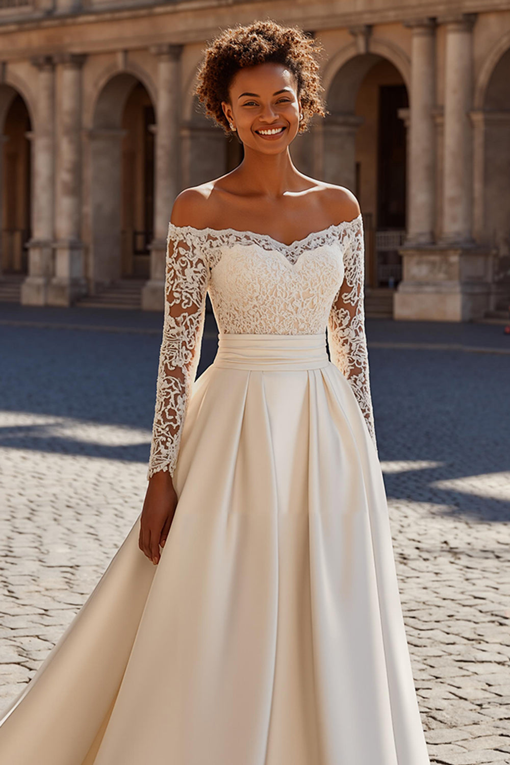 Satin Ivory A-Line Off The Shoulder Wedding Dress With Lace