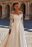 Satin Ivory A-Line Off The Shoulder Wedding Dress With Lace
