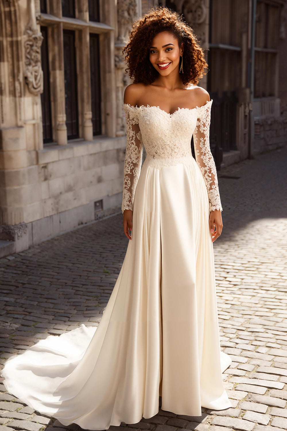 Ivory Court Train Off The Shoulder Wedding Dress With Lace