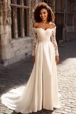 Ivory Court Train Off The Shoulder Wedding Dress With Lace