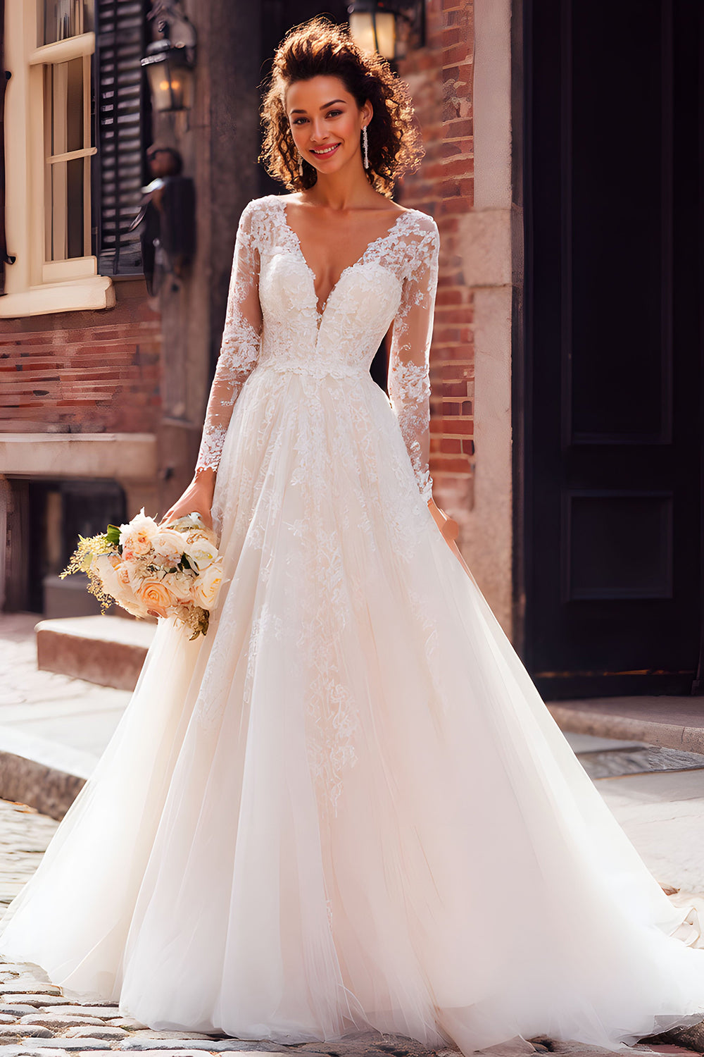 Ivory A-Line Tulle V-Neck Wedding Dress With Lace