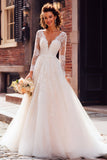 Ivory A-Line Tulle V-Neck Wedding Dress With Lace