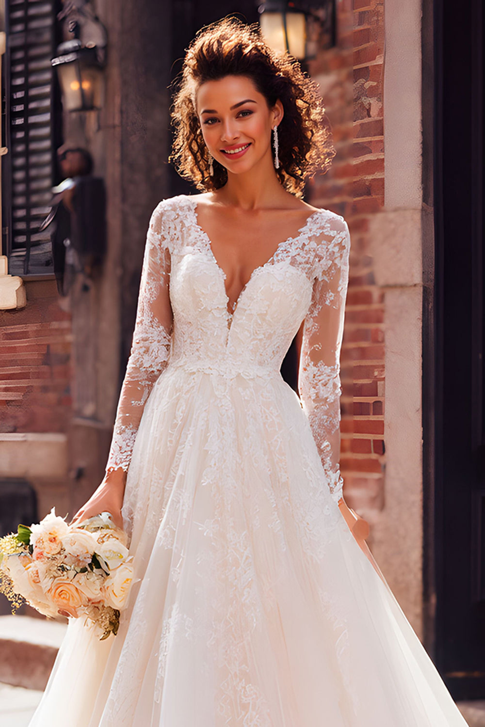 Ivory A-Line Tulle V-Neck Wedding Dress With Lace