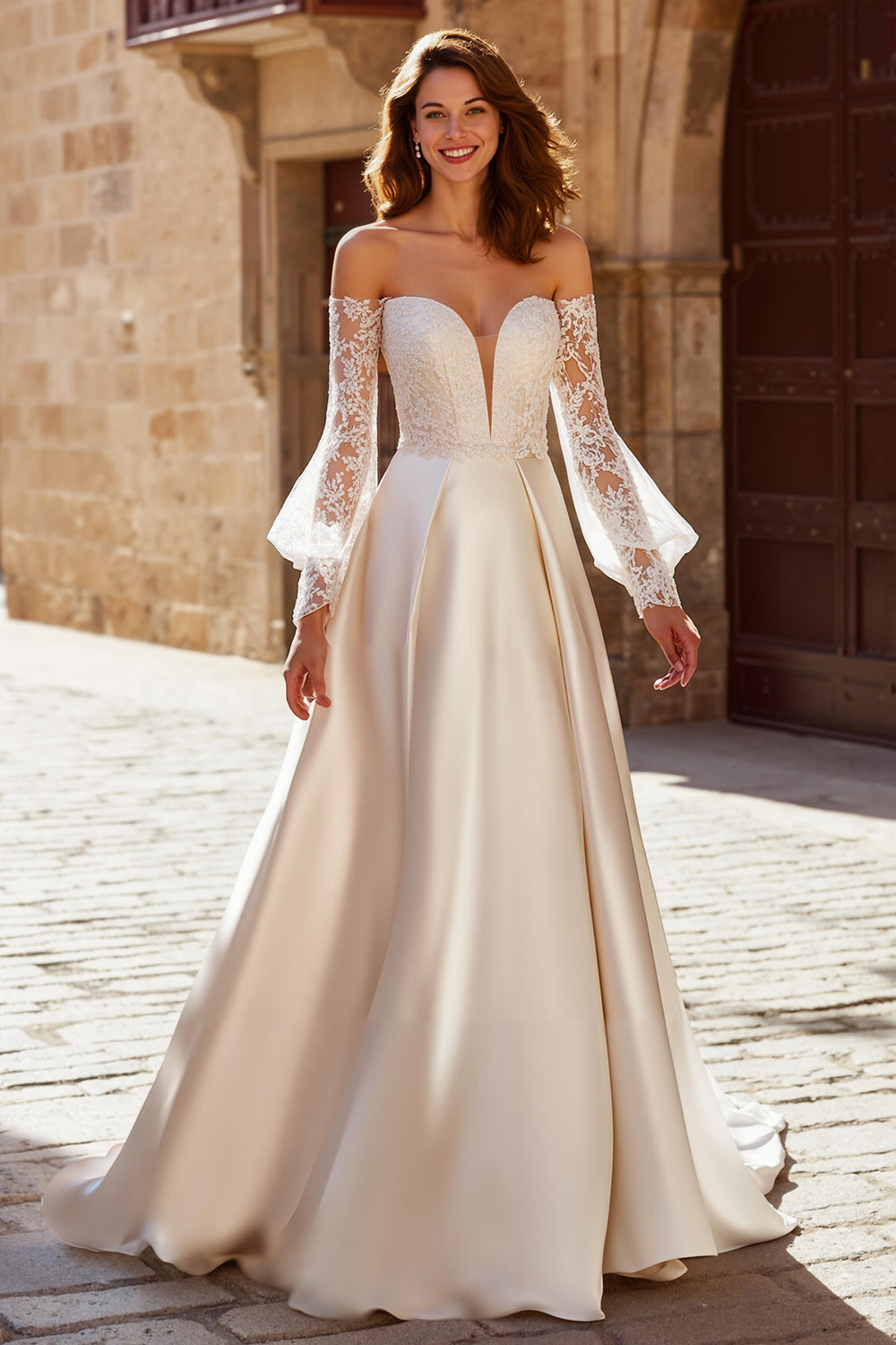Off The Shoulder Ivory Satin A-Line Wedding Dress with Long Sleeves