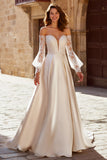 Off The Shoulder Ivory Satin A-Line Wedding Dress with Long Sleeves