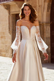 Off The Shoulder Ivory Satin A-Line Wedding Dress with Long Sleeves