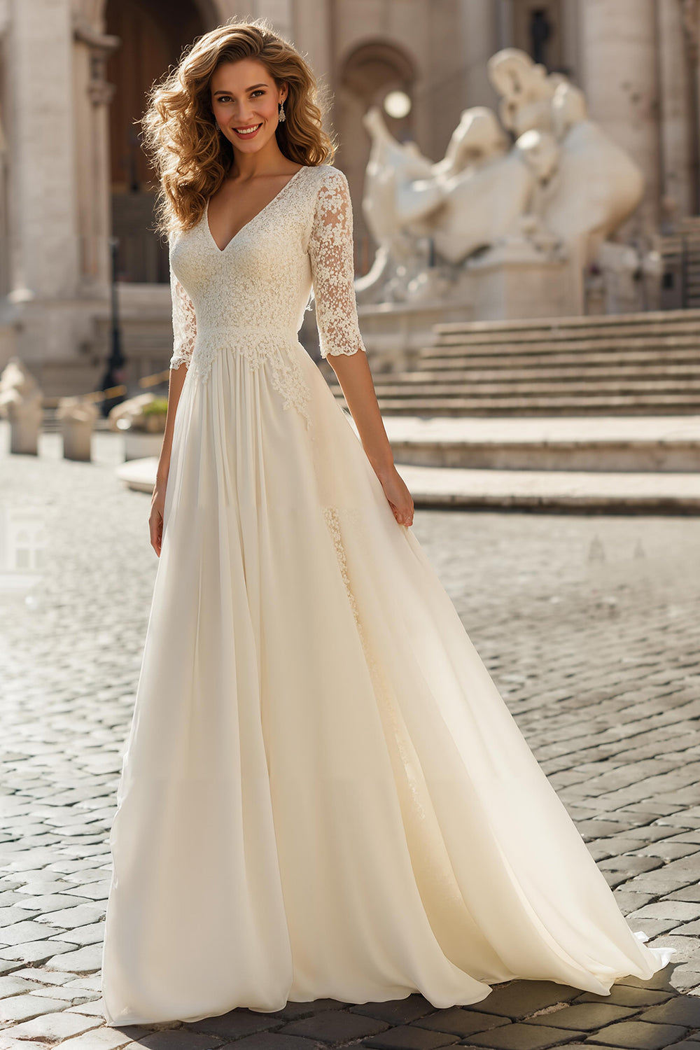 Ivory A-Line V-Neck Lace Sweep Train Wedding Dress