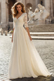 Ivory A-Line V-Neck Lace Sweep Train Wedding Dress