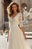 Ivory A-Line V-Neck Lace Sweep Train Wedding Dress
