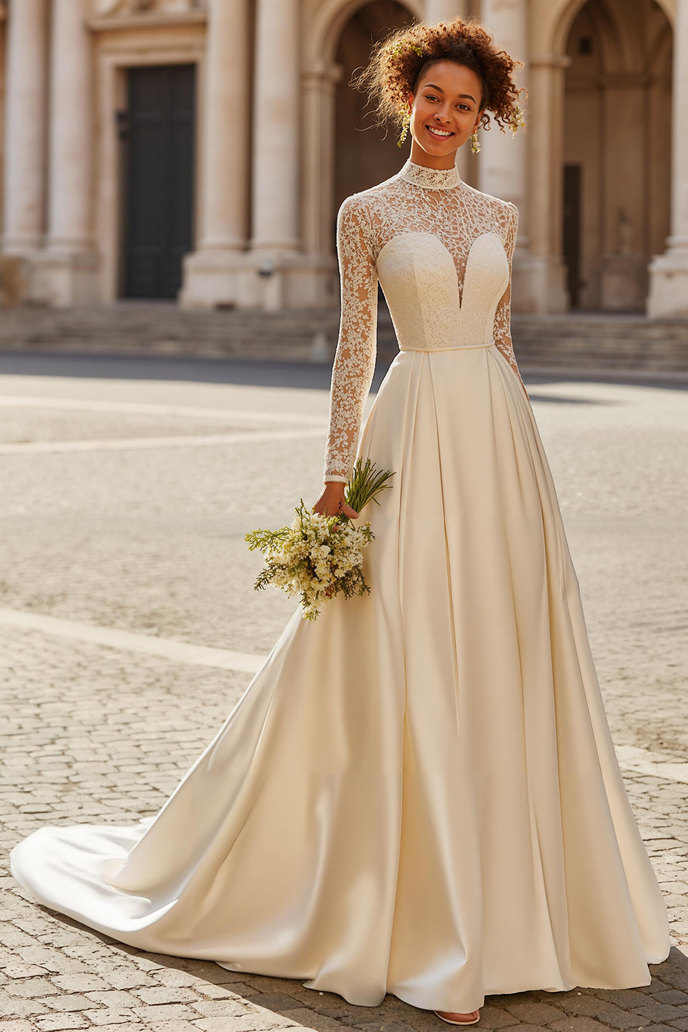 High Neck Ivory Satin A-Line Lace Wedding Dress with Long Sleeves